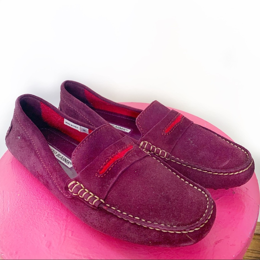 Manolo Blahnik Suede Plum with Pink Driver Loafers - Size 8